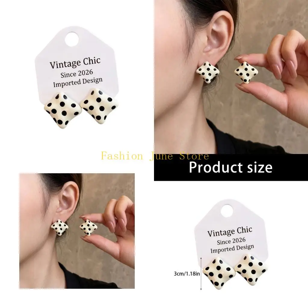 N5KA Black and White Dot Pattern Earrings in a Square Post for Daily Wear, Geometric Fashion Jewelry Pair with Bold Contrast