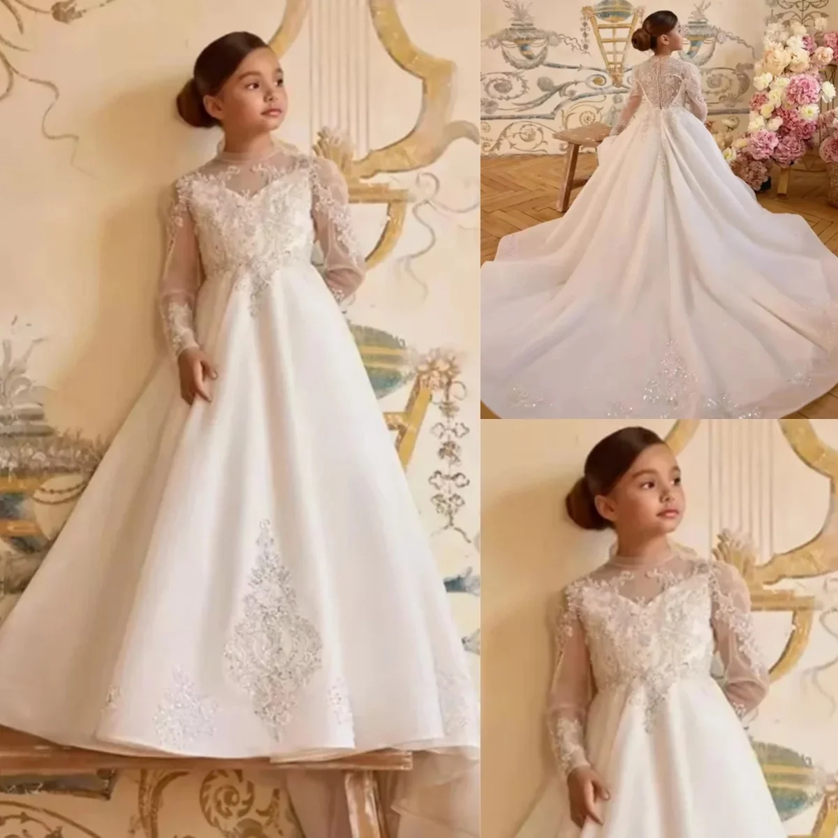 

Белые платья с высоким воротом для девочек-цветочниц на свадьбу, кружевные аппликации, платья для девочек для фотосессии, платья для первого причастия по индивидуальному заказу