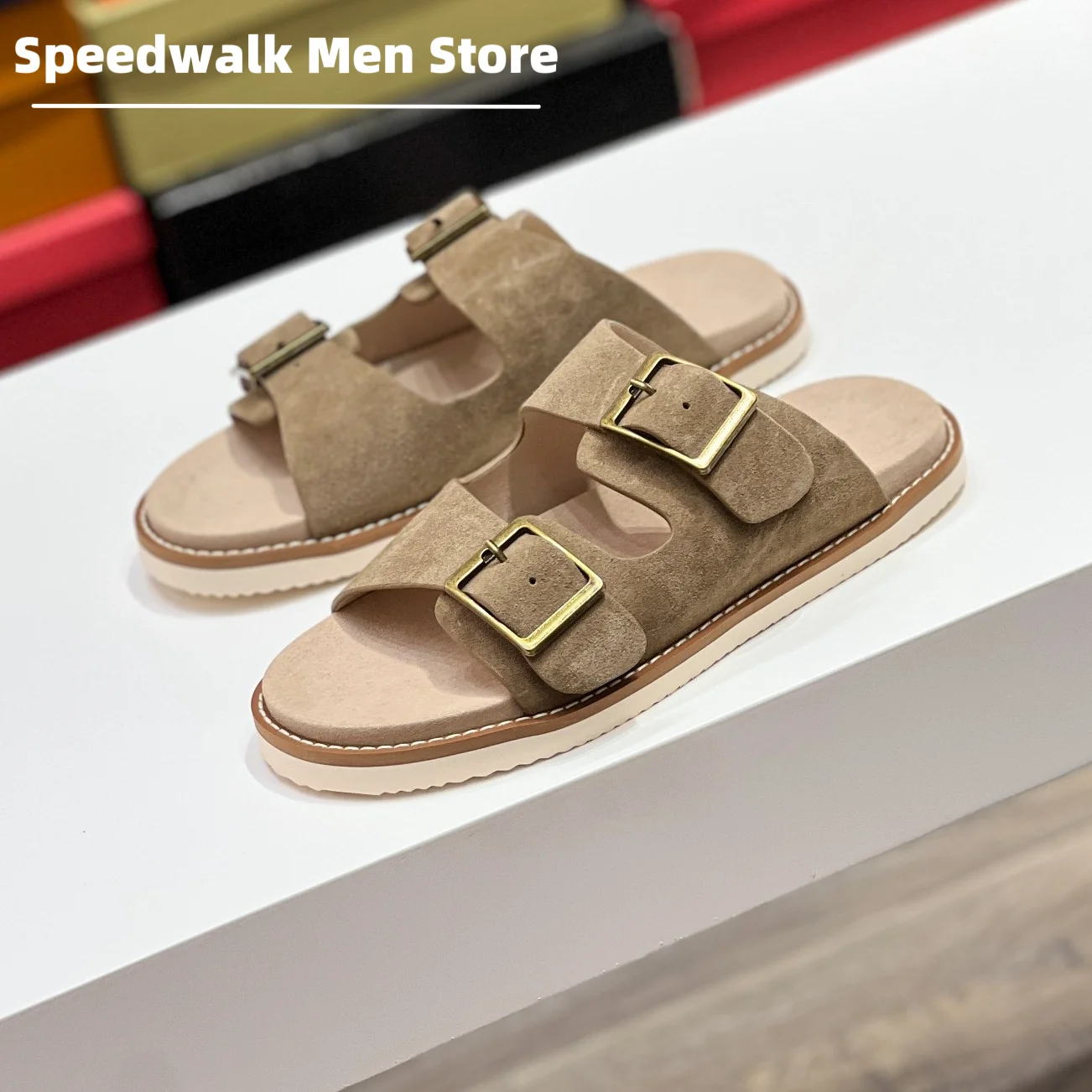 2026New Soft Suede Men Double Adjustable Buckle Slide Slippers Flat Open Toe Non Slip Comfort Summer Outdoor Beach Sandals