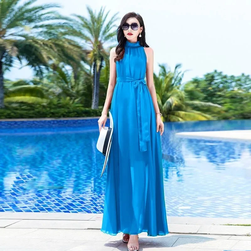 Super Long Dress 2023 New Bohemian Solid Chiffon Large Size Dress Holiday Beach Dress Summer Elegant Big Swing Dress Purple Red