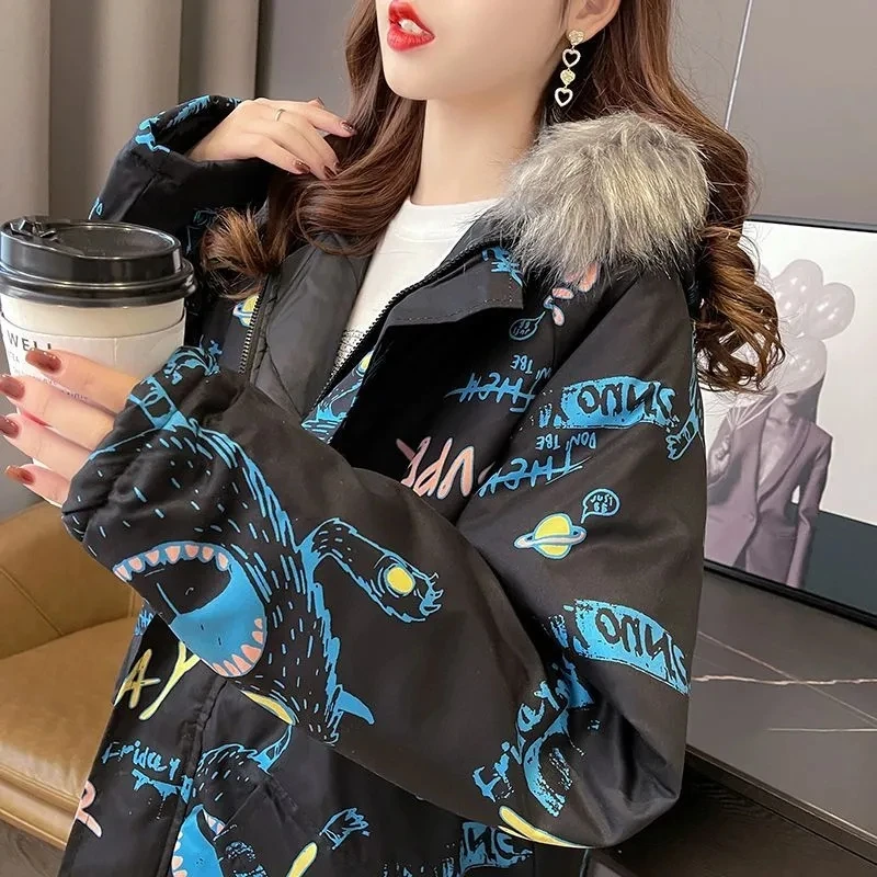 2025년 신상 여성 겨울 다운 코튼 코트, 여성용 만화 프린트 소매 파카, 두꺼운 아우터 탑