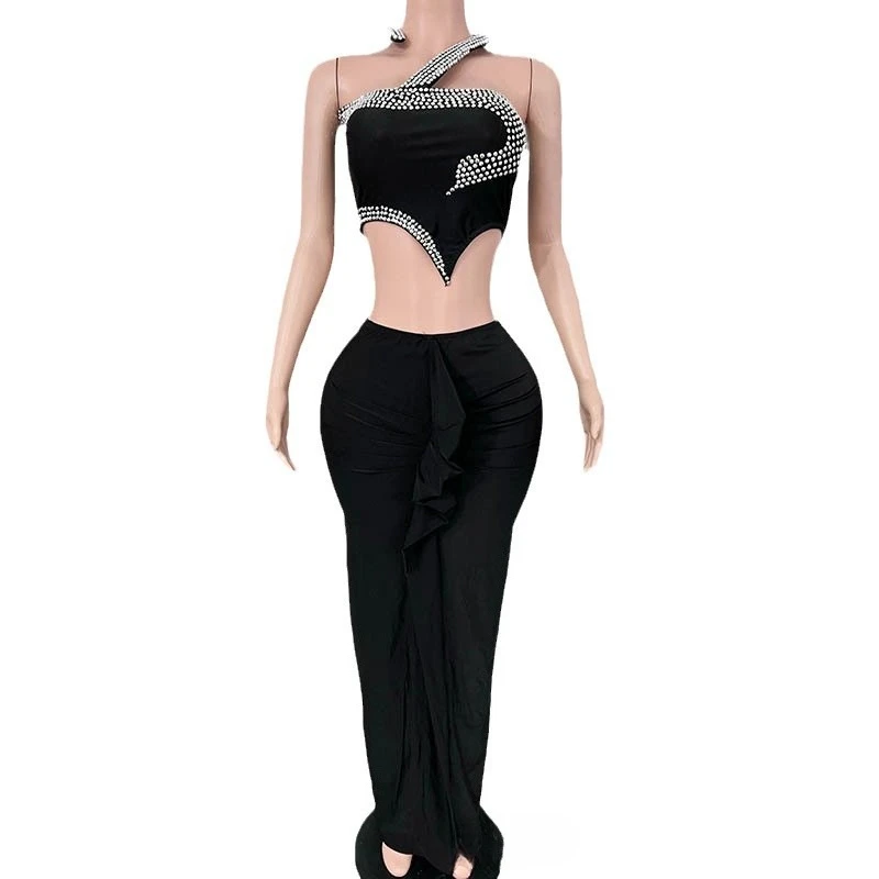 Ekskluzywny czarny strój sceniczny dwuczęściowy z diamentami w kształcie węża dla piosenkarki, elegancka sukienka na roczne spotkanie.