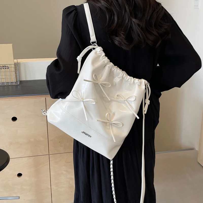 Bow Design Pu Leather Small Korean Fashion Women Handbags and Purses 2024 Y2K Female Silver Chain Crossbody Bags Shoulder Bags