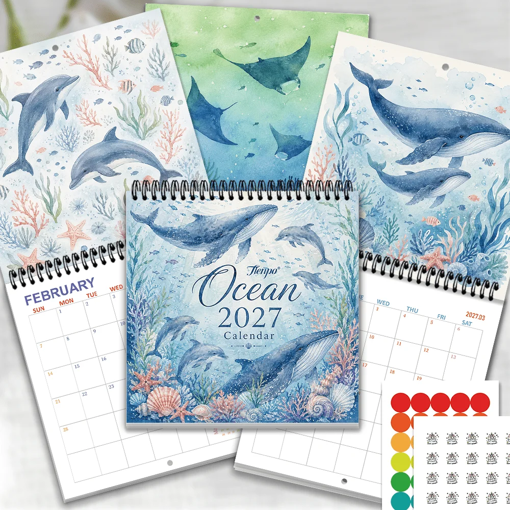 1pc 2027 Watercolor Marine Life Wall Calendar,12‑Month Planner,Gift For Back‑to‑School,Christmas,New Year,Free Stickers Included