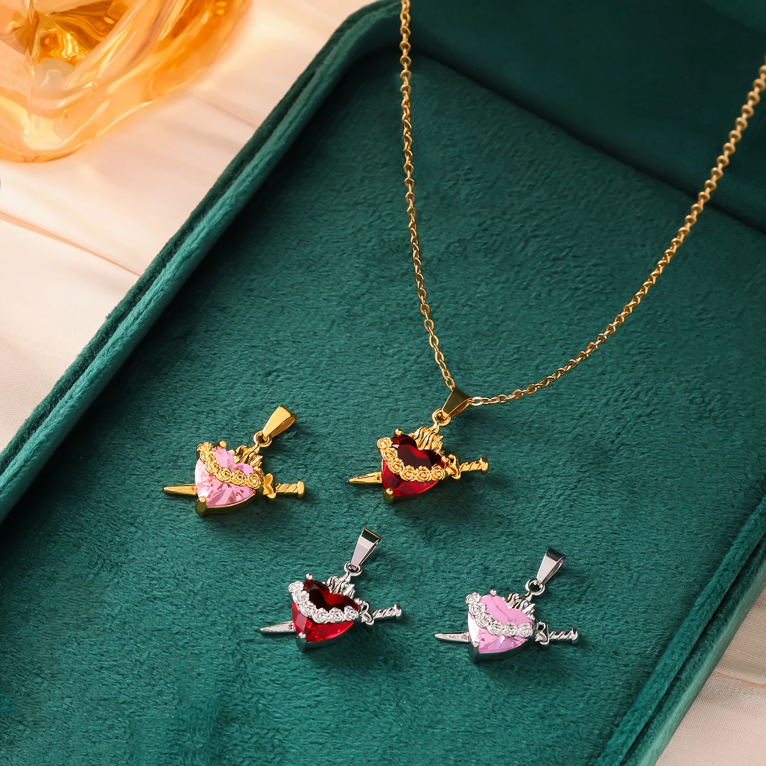 Elegant Silvery Golden Chain Necklace with Heart Sword Design Featuring Synthetic Zircon Stones in Multiple Colors for Everyday