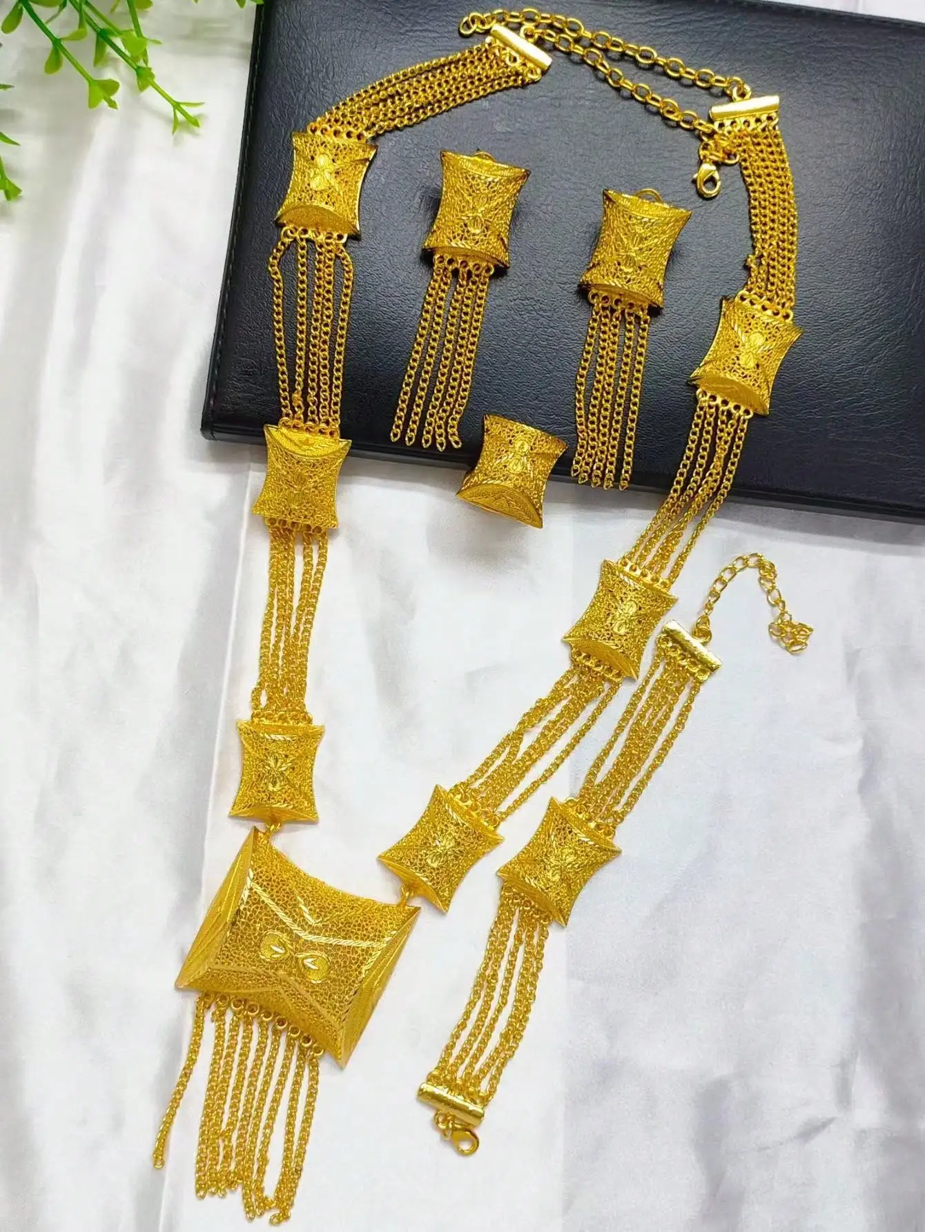 Ethiopian Luxury 24K Gold Color Tassl Long Jewelry Sets Wedding African Necklace Earrings For Women Nigerian Indian Bridal Set P