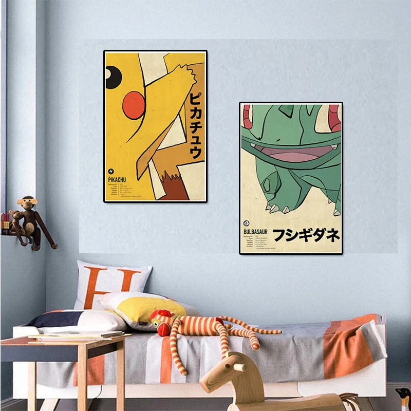 Vintage Pokemon Anime Figure Canvas Painting Wall Decor Poster Bulbasaur Charizard Pikachu Mural Pictures Children Home Decor