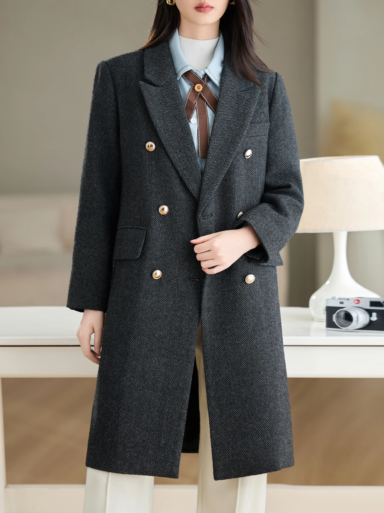 

Women's Grey Herringbone Double-Breasted Wool Coat - Mid-Length Peaked Lapel Office Blazer Overcoat for Winter