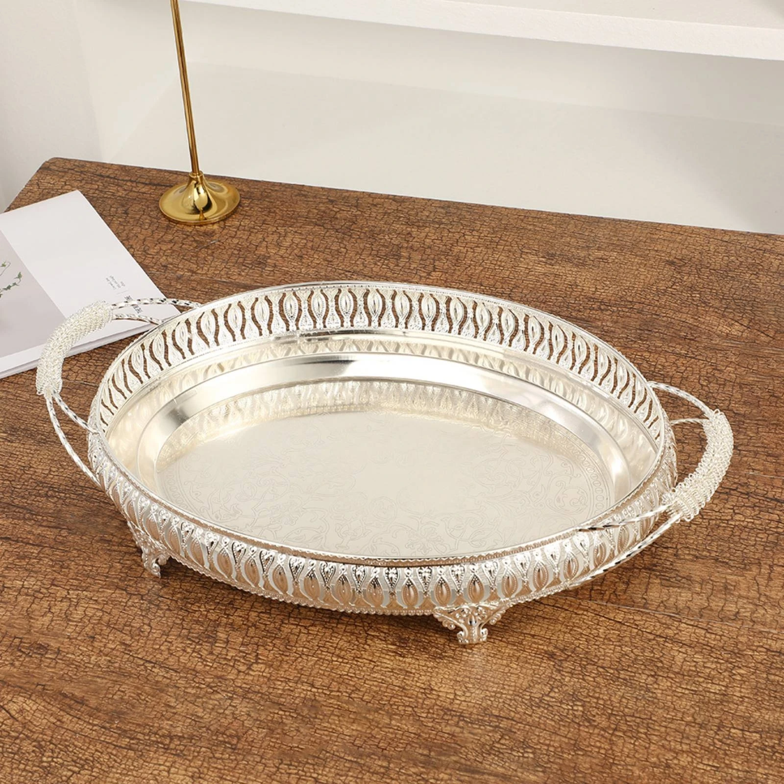 Mirrored Tray with Handles Foot-Raised Decorative Tray with Cutout Rim Metal Serving Platter with Feet Stylish Luxury