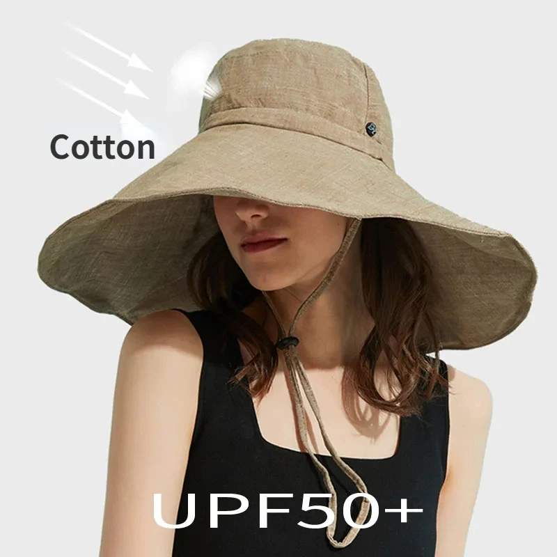 Summer Wide Brim 15cm Linen Sun Hats for Women Uv Protection UPF 50+ Sunshade Foldable  Beach Hat Outing Panama