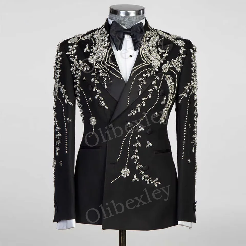 

High Quality Men's Slim Fit Tuxedo 2 Piece Set Wedding Groom Customized Formal Suit Black Beaded Crystals Suits for Men