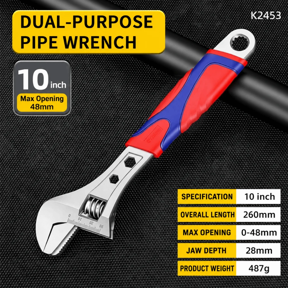 Wide Jaw Wrench Tool Thick Body Dual Use Mode Pipe Hand Gear Anti Slip Surface Multi Spec Size Adjust Spanner Auto Maintain