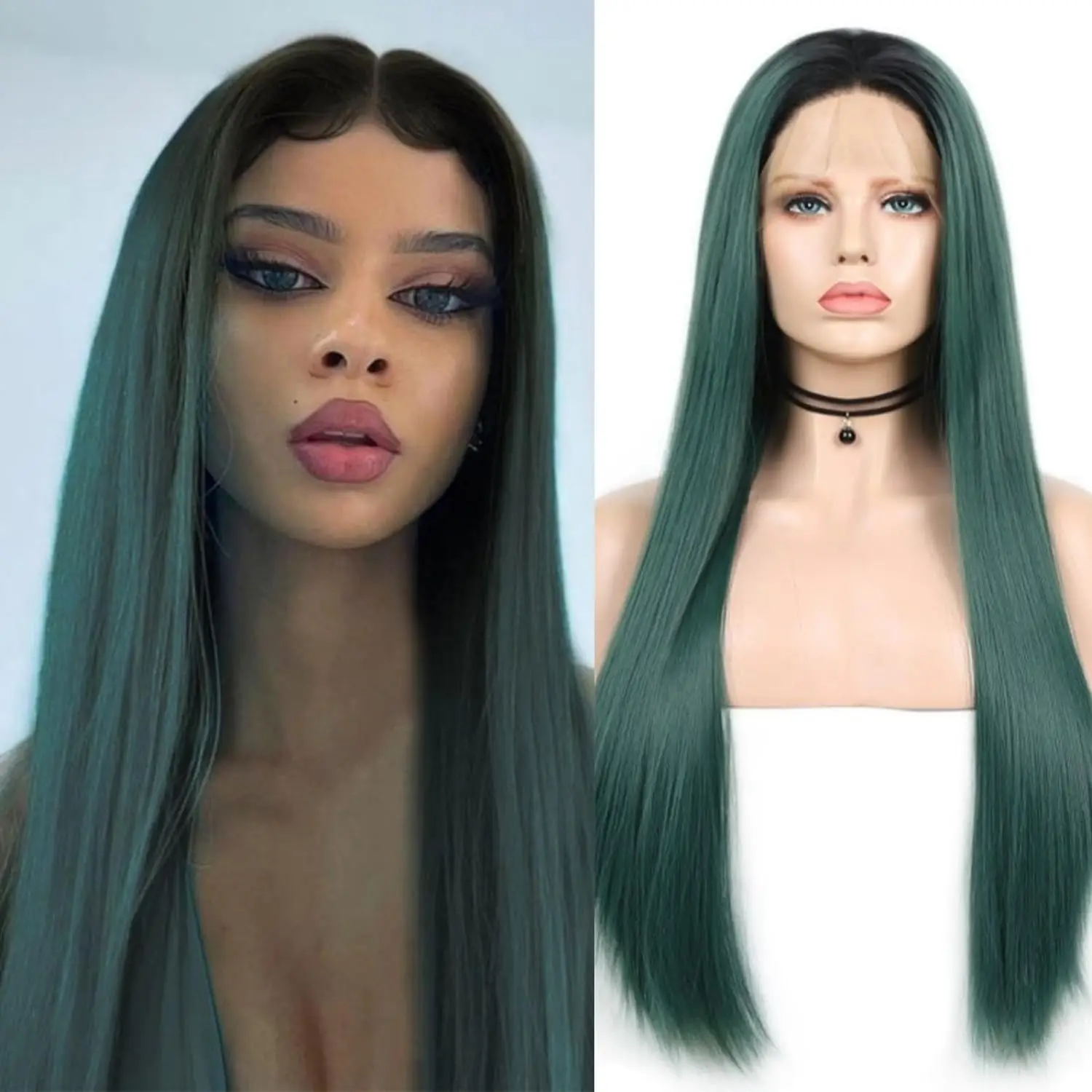 

RDY Ombre Green Wig 13X6 Frontal Synthetic Lace Front Wig Long Straight Glueless Natural Hairline Dark Roots Hair Wigs for Women