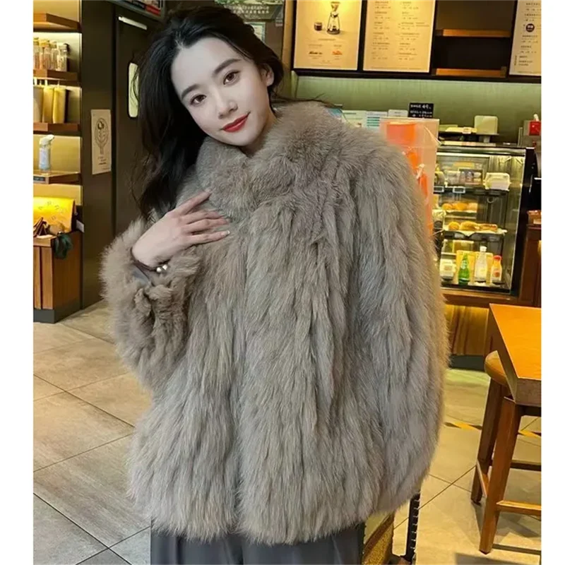 Pop 2024 Autumn/Winter Fox Fur Coat Thick Short Popular Fur Coat Lmitation Fur Grass Coat Female's Stand Up Collar High-End OutC