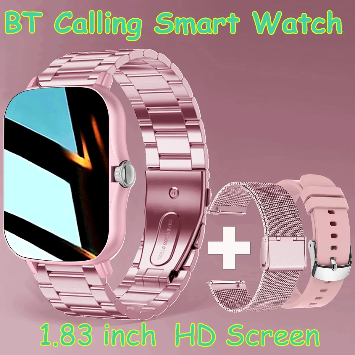 + 2pc sangles montre intelligente femmes hommes Smartwatch carré en acier inoxydable horloge intelligente BT appel pour Xiaomi Samsung téléphone Fitness Tracker