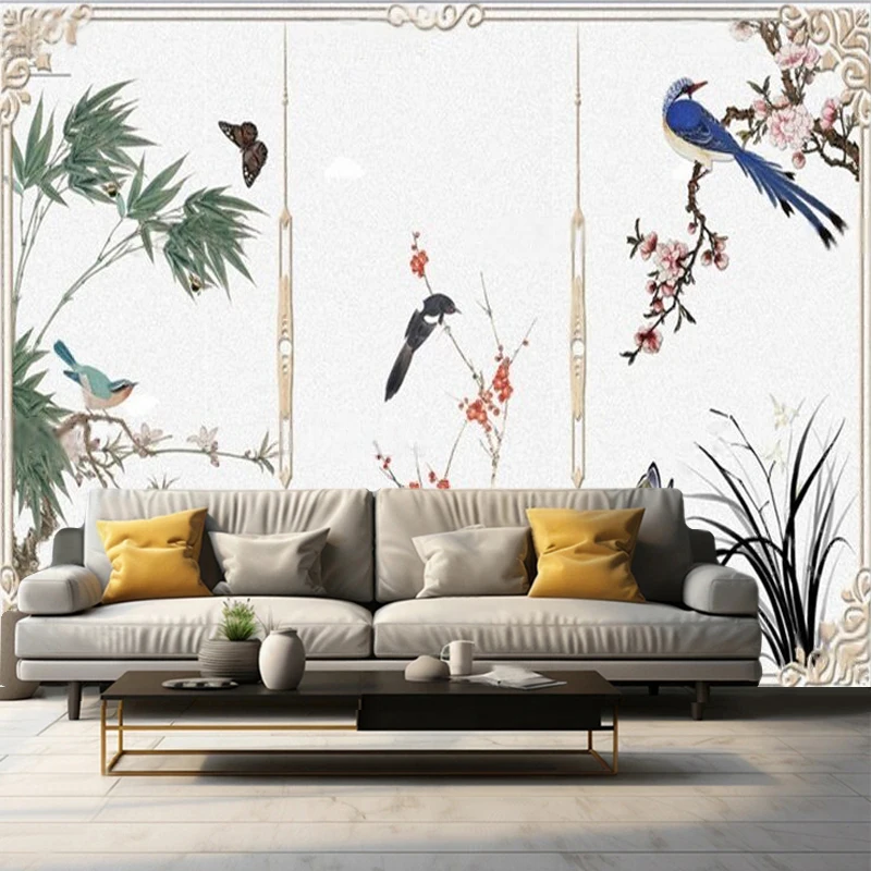 Customized New Chinese-Style Pattern Flower-Bird Branch Wood Frame Background Wall Decoration Murals  Bedroom