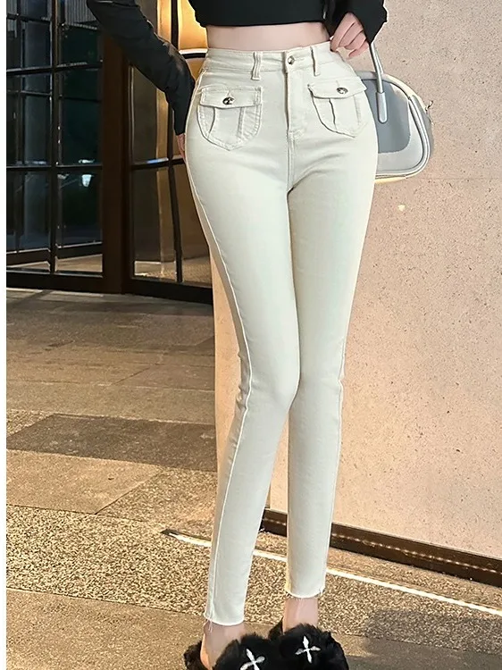 

Fashionable Korean Style Slim Fit Jeans High Waist Straight Leg Cotton Stretch Denim Length with Frayed Hem for Younger ...