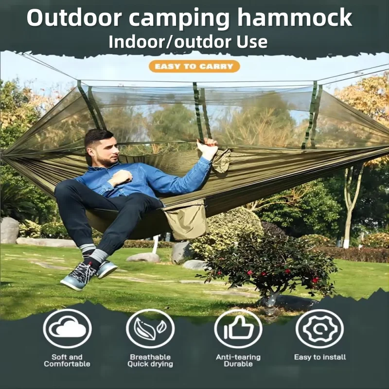 

Гамак для кемпинга на открытом воздухе, оснащенный москитной сеткой, легкий подвесной гамак, подвесная сетка для кровати из ткани с парашютом