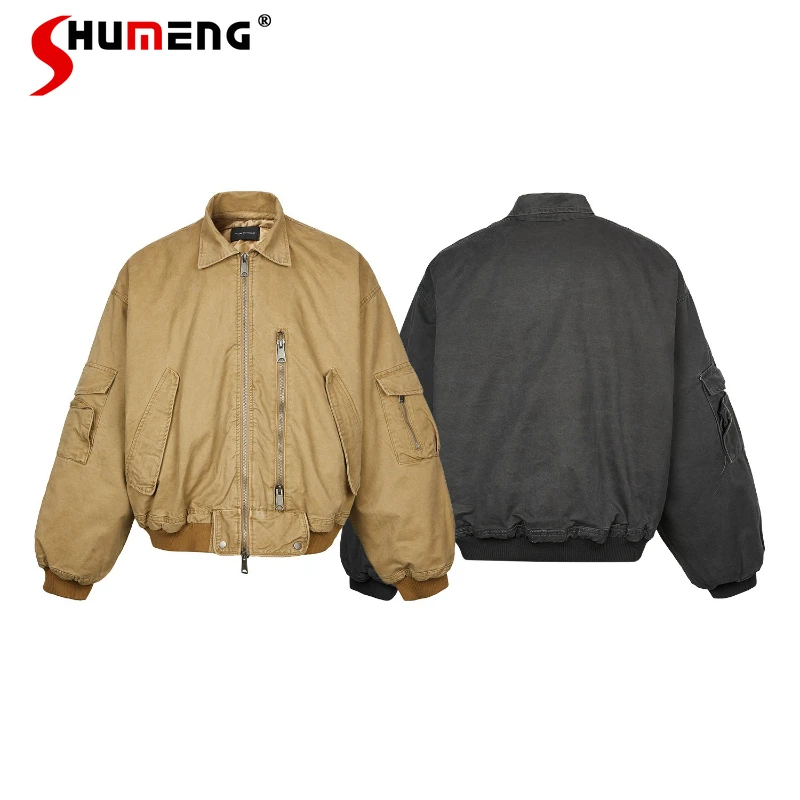 

Men's 2025 Autumn Winter New Thickened Warm Pilot Jacket Coats Parkas Men's Solid Color Zipper Design Pocket Decoration Jackets