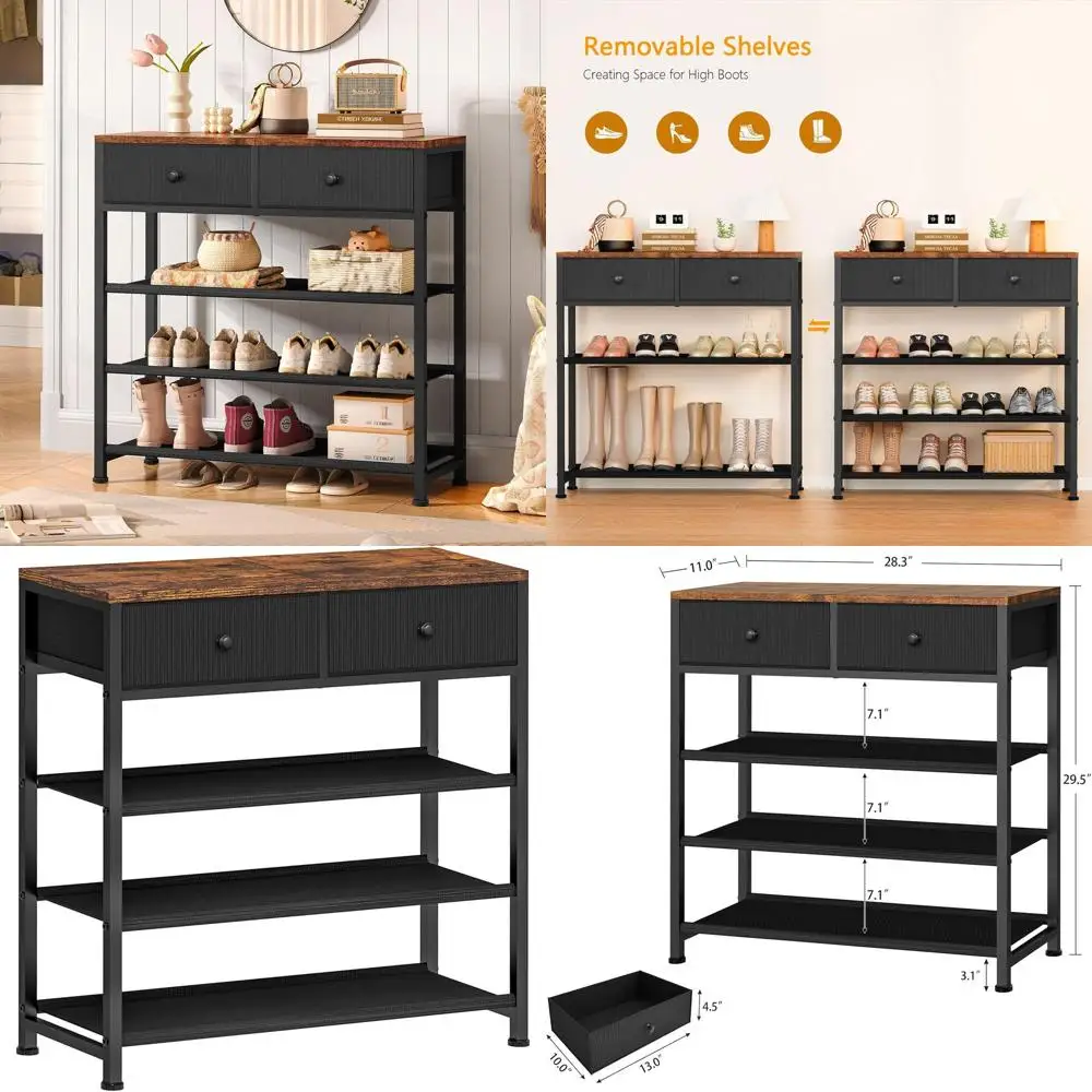 

4-ярусная металлическая полка для обуви с 2 ящиками, вмещает 9-12 пар обуви, тканевые полки и деревянная столешница для хранения в прихожей, черная