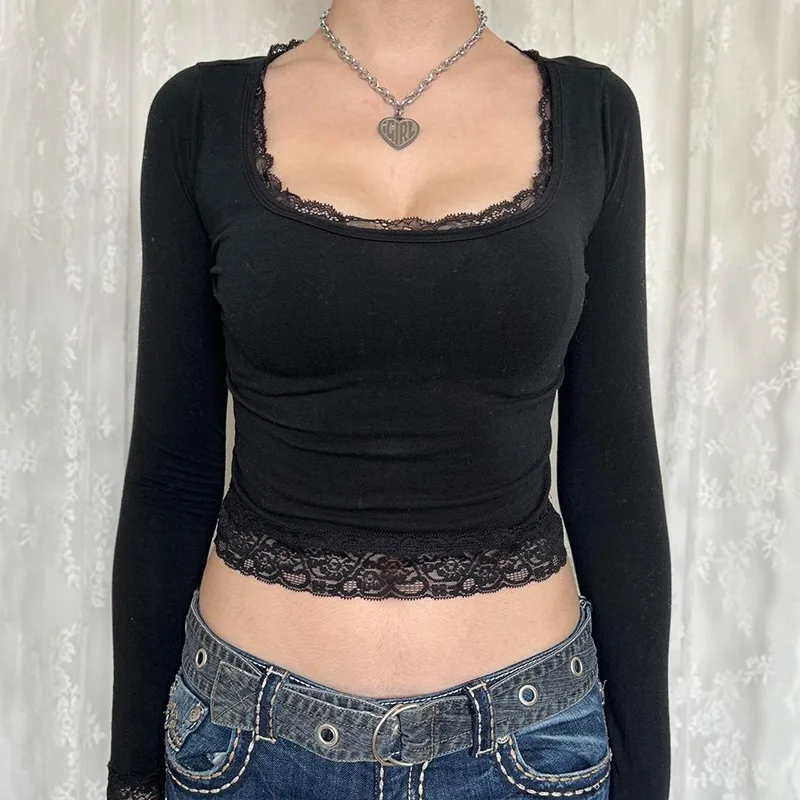 Chic Lace Vintage Crop Tops Y2K Square Collar Long Sleeves Slim Tshirts Korean Fashion Black Casual Women Clothes T-shirts Tee