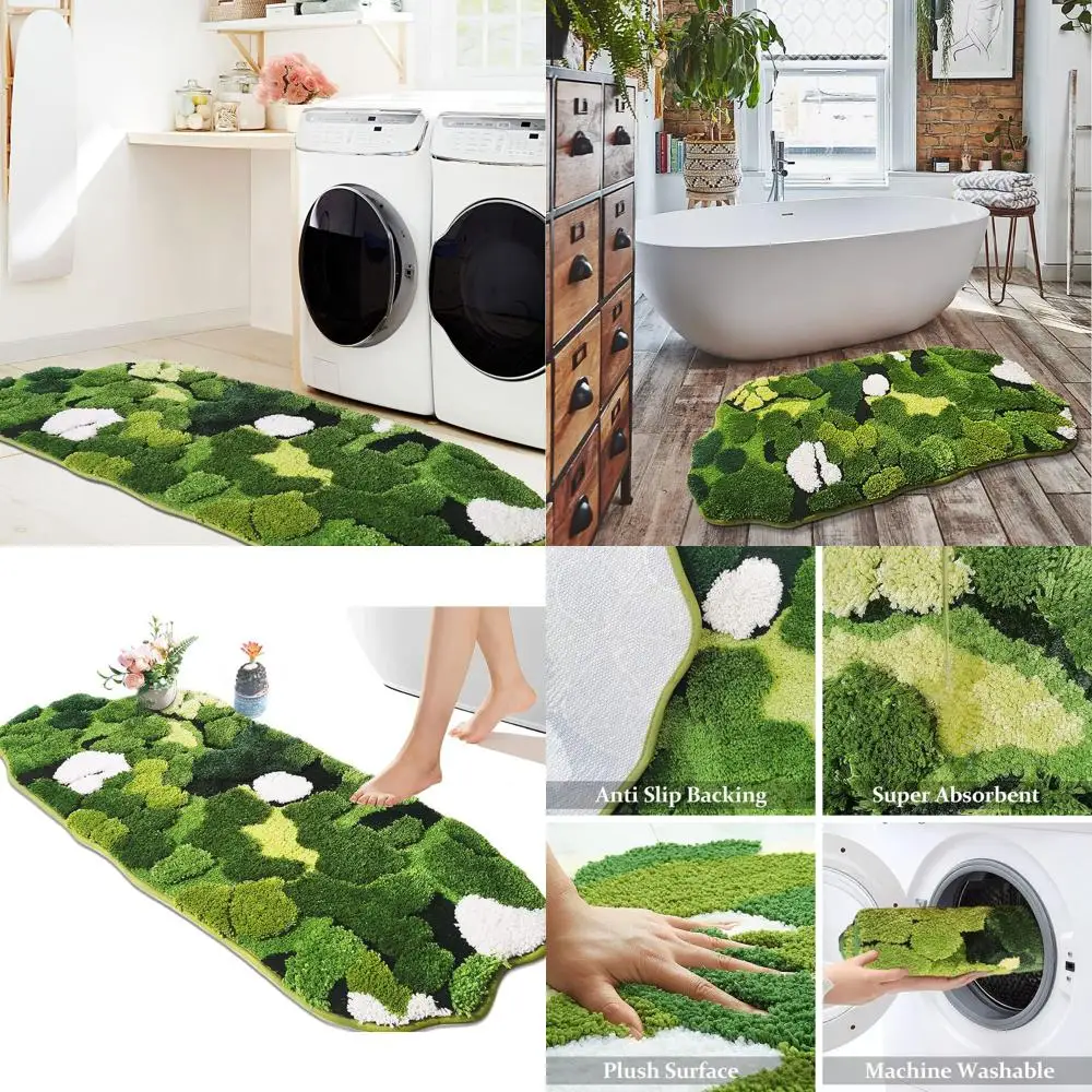 

Long Rectangular Boho-Style Green Moss Leaf Bath Mat, Non-Slip & Absorbent Shower Rug Decor