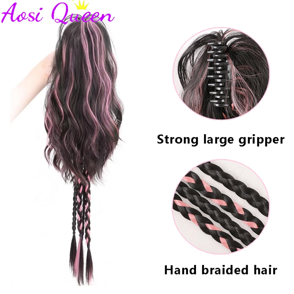 AOSI Synthetic Wig Braid Claw Clip Highlighted Color High Ponytail Sweet Cool Boxing Braid Half-tied Hair Twist Braid