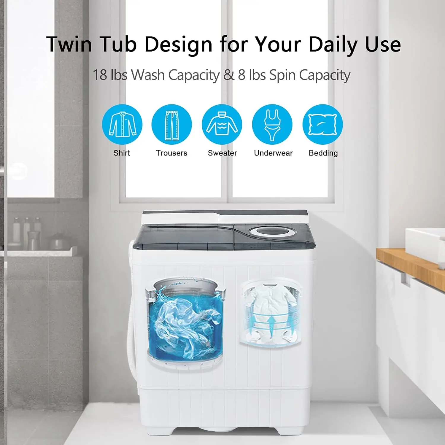 Portable Washing Machine, Twin Tub 26 Lbs Capacity, 18 Lbs Washer and 8 Lbs Spinner, Compact Washer with Control Knobs, Timer Fu