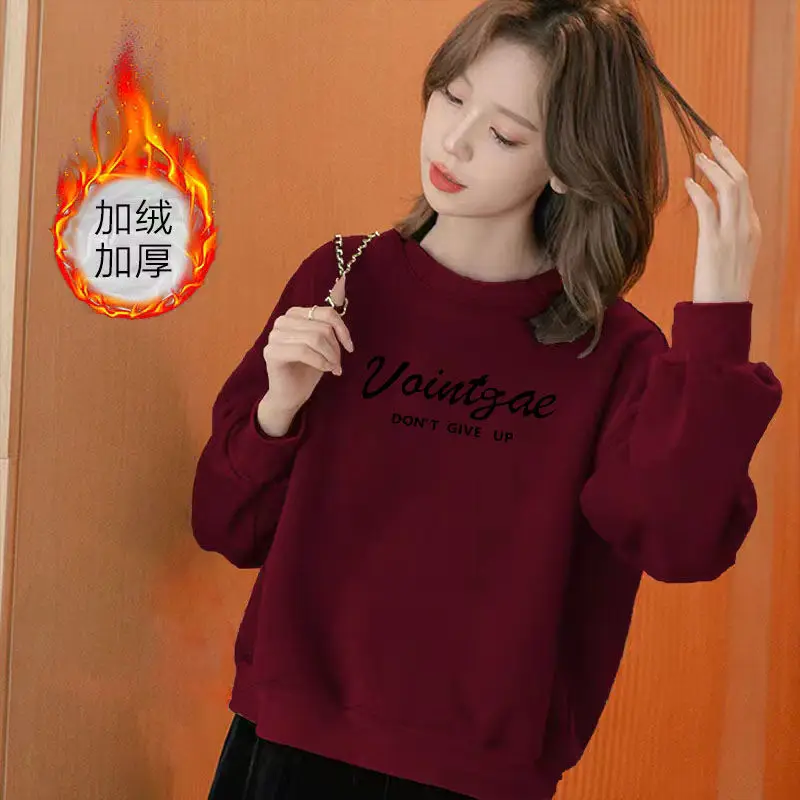 Korean Fashion Autumn Winter New Women's O-Neck Letter Printing Plus Velvet Thicken Long Sleeve Loose Pullovers Sweatshirts Tops