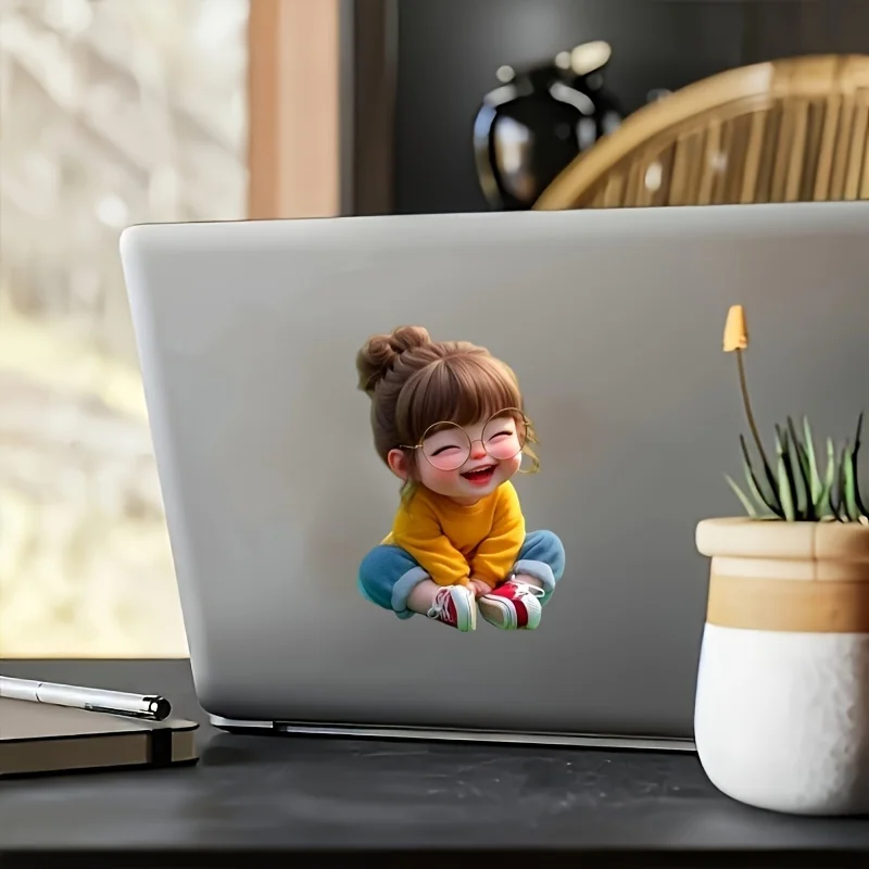 1Pc Round Glasses Girl In Yellow Sweatshirt Waterproof Vinyl Stickers Decals for Car Motorcycle Laptop Water Bottle Decor