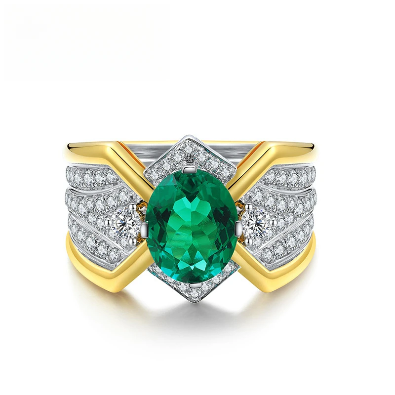 Unique Design Lab Grown Colombian Emerald Green Color Oval Cut And Side White Gemstone Silver Plated Gold Ring For Men Wedding