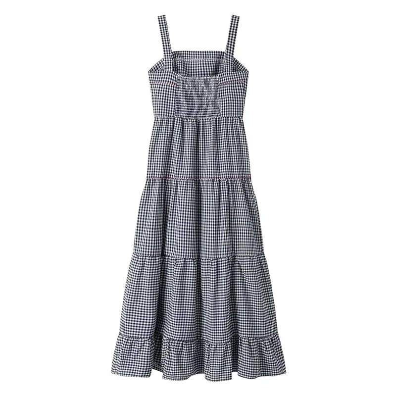 HXAO donna Ruffle ricamo Slip Dress senza maniche Plaid Dress pieghettato Backless Beach Dress Holiday Woman Summer Dress 2024