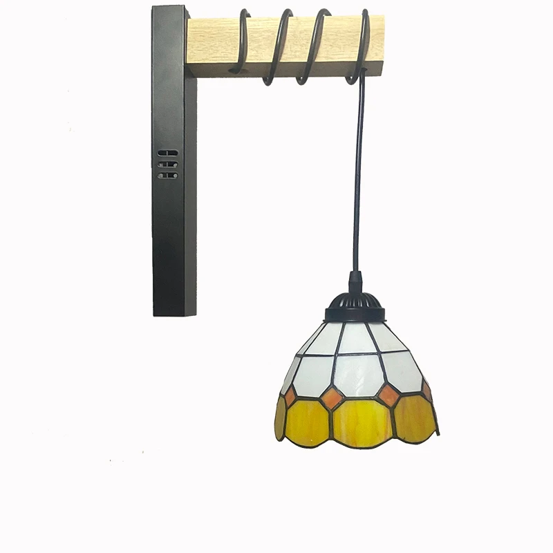 

Norbic Tifanny Vintage Coloful Glass Wall Lamp Wood Home Deco Bedroom Wall Sconce E27 Bulb