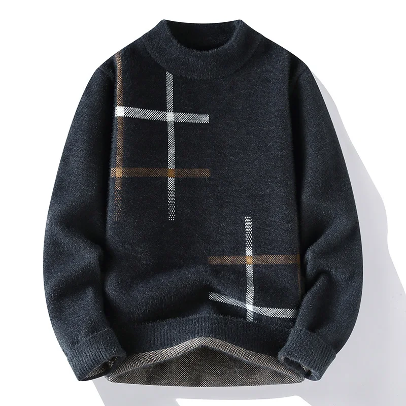 2024 Autumn/Winter New Men's Casual Round Neck Plush Thickened Pullover Sweater Warm and Fashionable Loose Korean Knitted Bottom