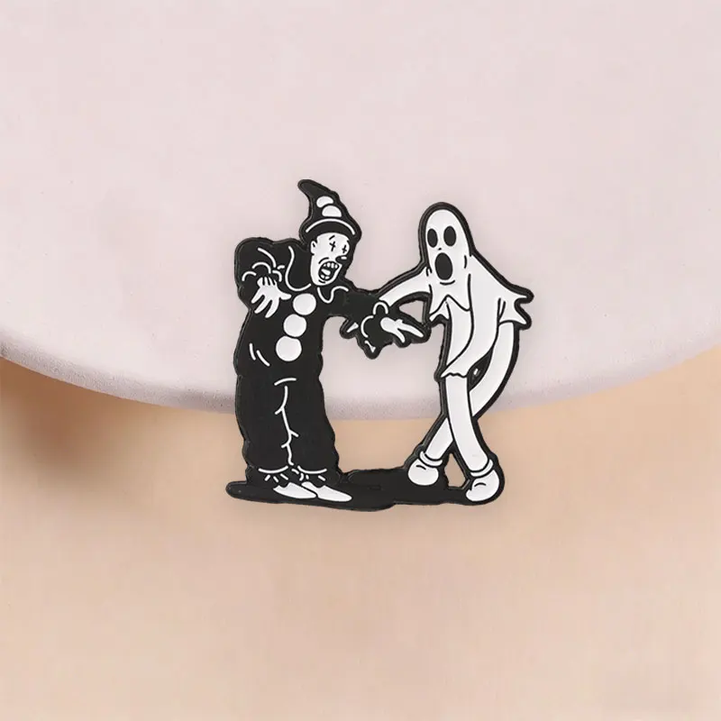 Clown Ghost Dancing Enamel Pin Retro Cartoon Halloween Dark Black White Contrast for Denim Jacket Backpack Goth Punk