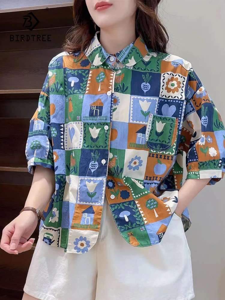 

New Spring Cotton Printed Shirt Women Lapel Half Sleeve Versatile Tops Girl Loose Literature Blouses 2024 Autumn T44855QC