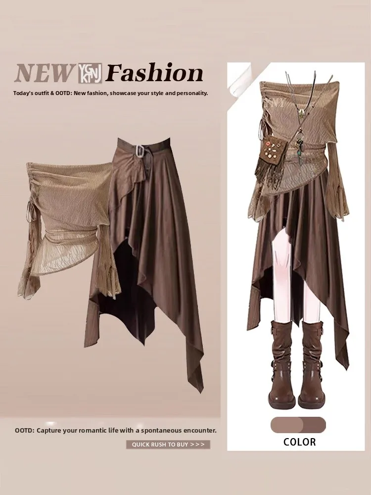 Set Dua Potong Rok Asimetris Pinggang Tinggi Awal Musim Gugur dan Atasan Panjang Satu Bahu untuk Wanita, Pakaian Kasual Modis