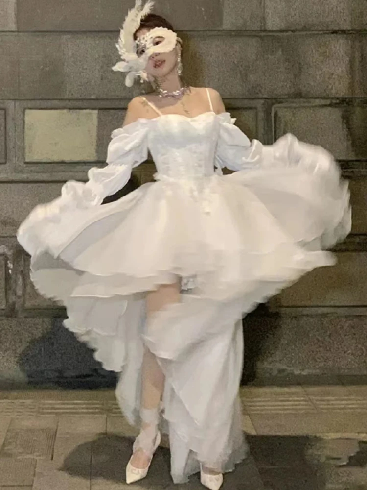 

Summer White Korean Fairy Dress Female Chiffon Vintage Sweet Puff Dress Women Off Shoulder Sexy Elegant Wedding Party Dress 2023
