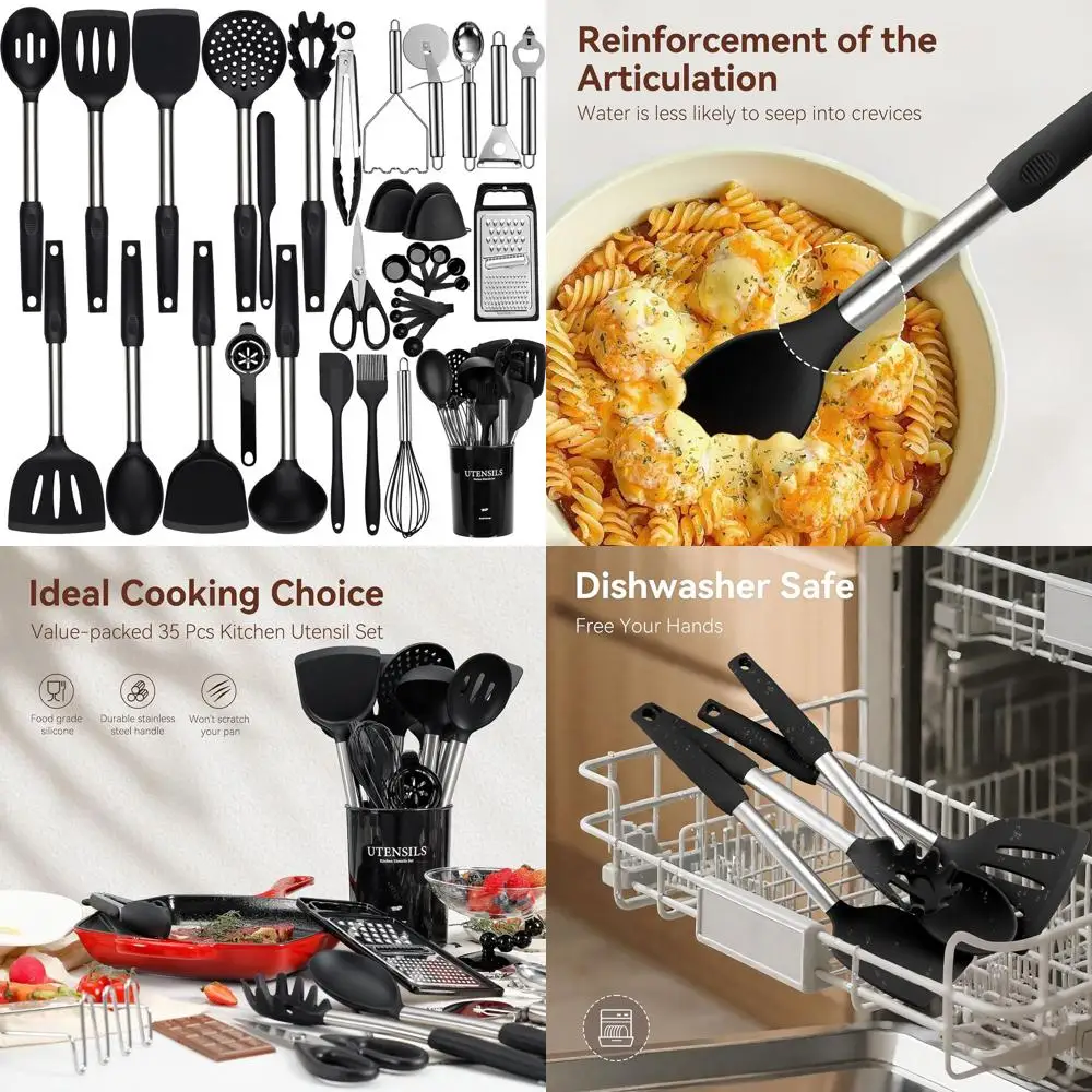

35-Piece Silicone Kitchen Utensil Set with Stainless Steel Handles, Black, Dishwasher Safe