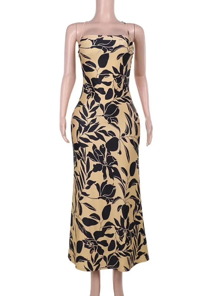 XIAOTANG Elegant Floral Print Sexy Maxi Dress for Women Fashion Spaghetti Strap Sleeveless Backless Bodycon Sexy Long Dress