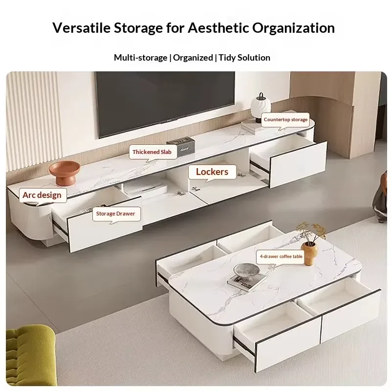Modern Luxurious Living Room Coffee Tables White Square Sintered Stone Solid Wood Coffee Table and Tv Stand with Storage