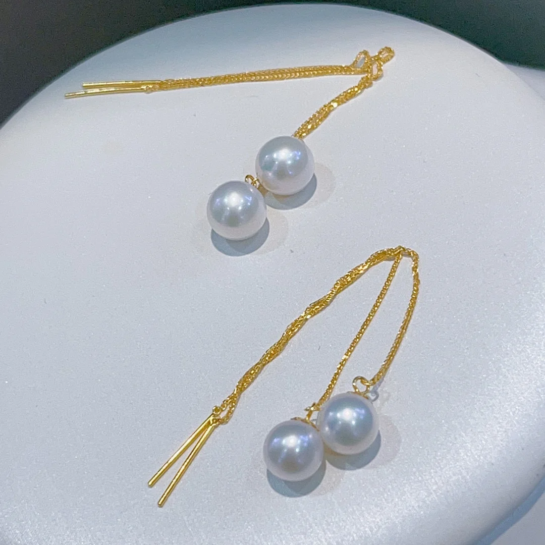 Beautiful earrings AAAA5-6mm 6-7mm natural South Sea round pearl earrings 18k/AU750 thick gold