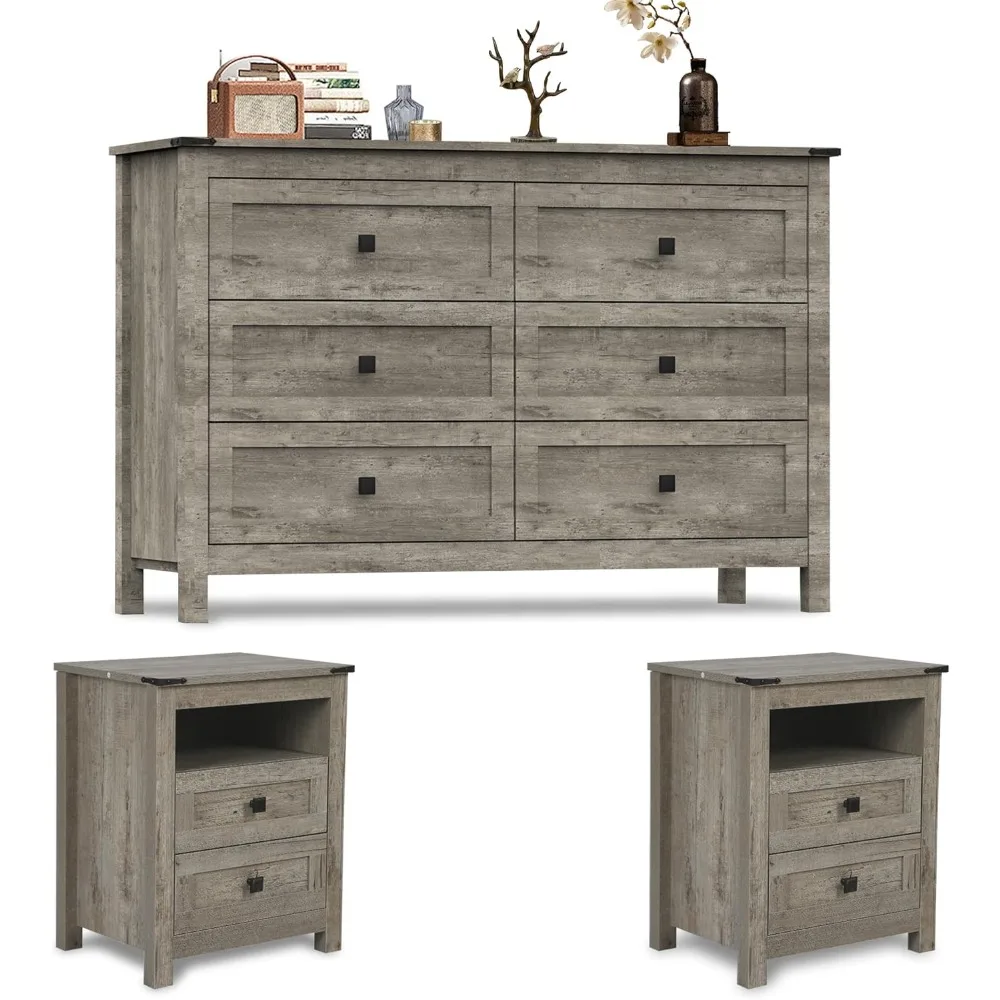 

rustic 3-piece farmhouse bedroom furniture set with 6-drawer dresser and storage chest