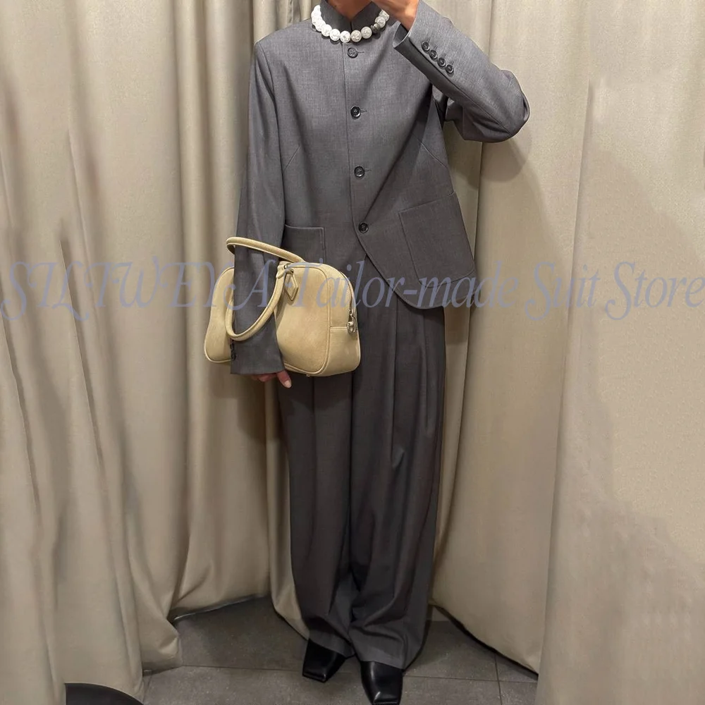 Luxury Grey Elegant 2 Pieces Women's Suit Single Breasted Fashion Formal Smart Casual Banquet Female Outfit (Jacket+Pants)