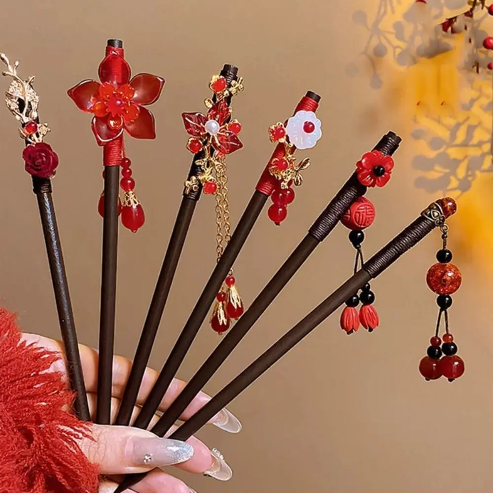 

Retro Flower Wooden Hair Stick Tassel Red Hanfu Hairpin Hair Fork Hanfu Headwear For Girl
