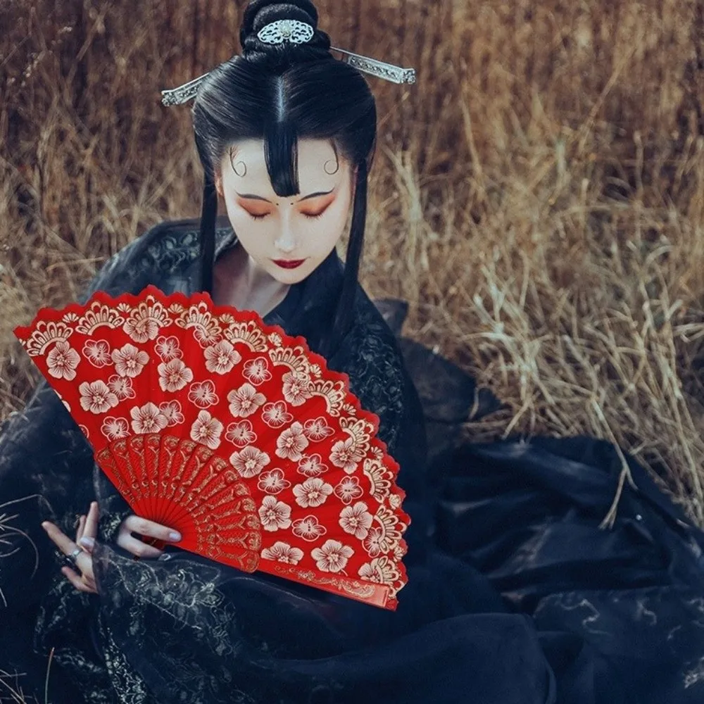 Hanfu Fan Flower Pattern Chinese Folding Fan Traditional Vintage Handheld Fan with Tassel Portable Decorative Fan Photo Prop