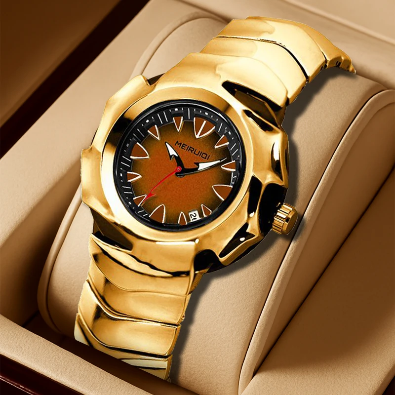 

Мужские желто-оранжевые модные и стильные кварцевые часы с календарем и дизайном в виде зубов саблезубой акулы.