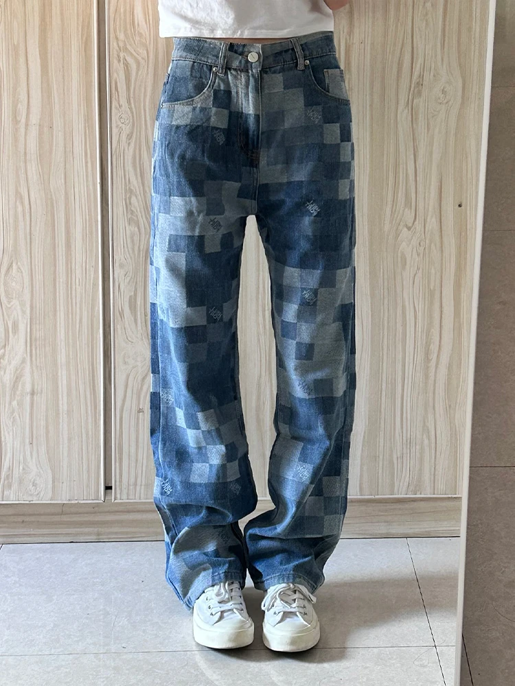 

Мужские джинсы Cleanfit в клетку, весна-осень, прямой крой, повседневные, свободные, со средней/высокой талией, из денима с эффектом потертости