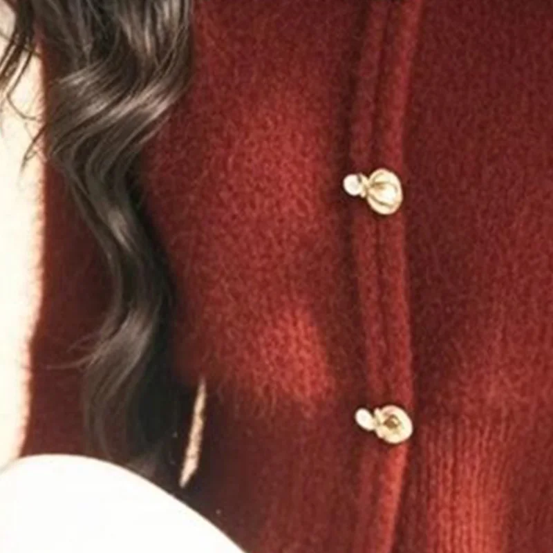 Women Autumn Winter Korean Simplicity Button Red Turn-down Collar Knitting Women Clothes All-match Loose Cardigan Long Sleevetop