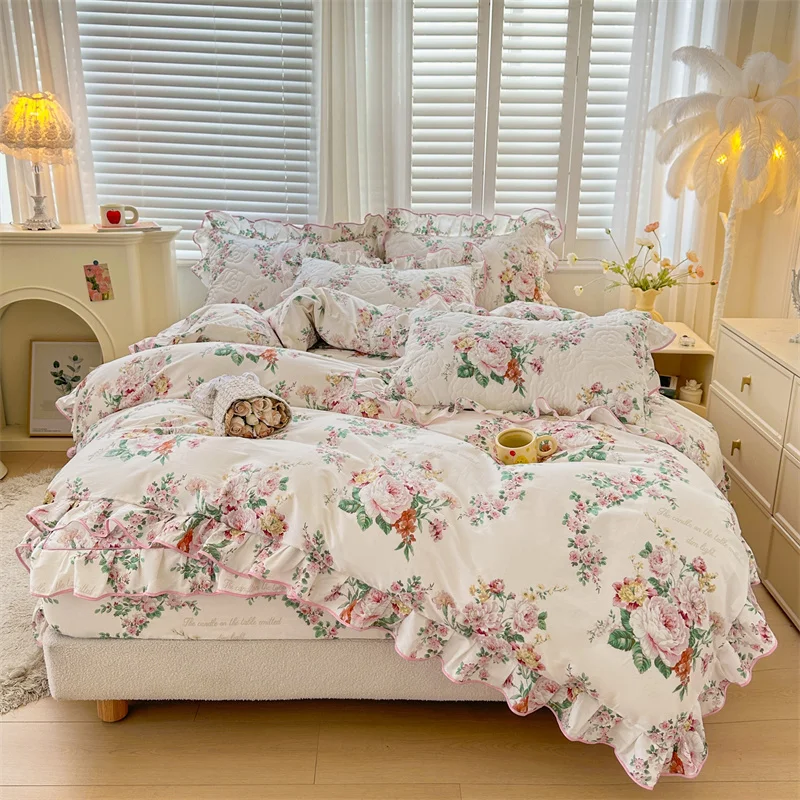 

100% Cotton Korean Princess Style Flowers Print Ruffles Bedding Set Single Duvet cover Quilted Fitted Sheet Pillowcases 3/4Pcs